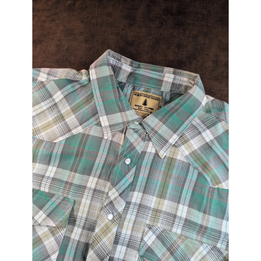 North West‎ Wood Mens XXL Green Plaid Western Pearl Snap Long Sleeve Shirt